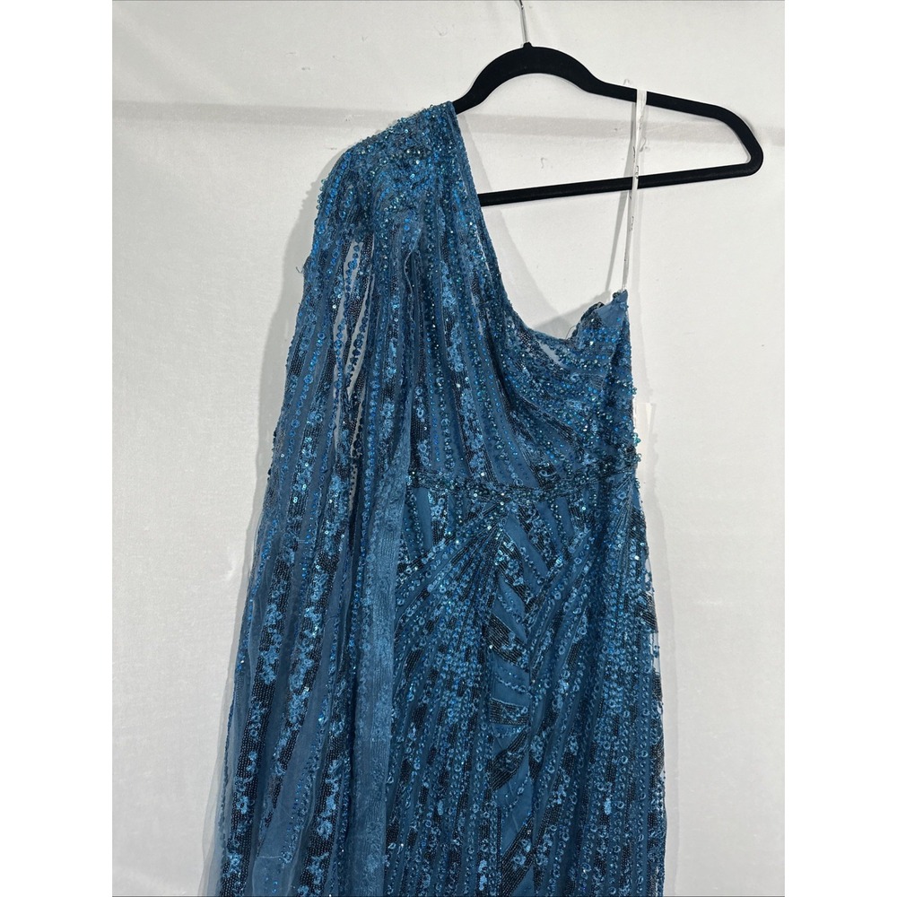 NWT Mac Duggal [ 4 ] 20528 One Shoulder‎ Cape Sleeve Embellished Gown Blue J1911 - Picture 14 of 15